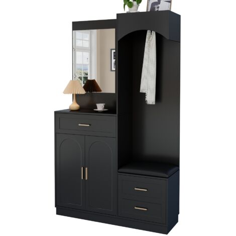 Moderne armoire compacte combinée avec meuble à chaussures, meuble d'entrée multifonction avec miroir et étagère de rangement