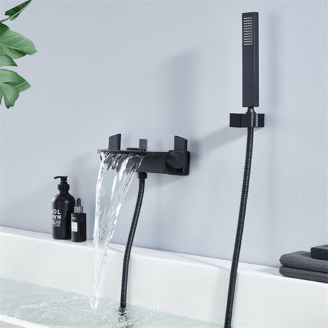 HOMELODY Moderne Badewannenarmatur mit Regal Wannenarmatur Wasserfall mit Handbrause Badewanne Armatur Duscharmatur für Bad Schwarz matt