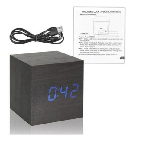 Moderne Cube Bois Conception numérique LED bureau Alarme Calendrier Horloge Thermomètre Minuteur