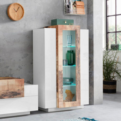 Moderne Design-Vitrine aus Hochglanz-Weiß und Holz für Wohnzimmer Corona