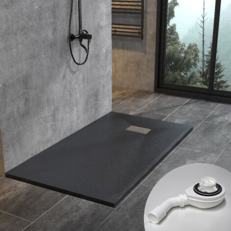 Moderne Duschwanne Duschtasse Anti-Rutsch Flach Schwarz 160x90 cm + Edelstahl Adeckung mit Ablaufgarnitur