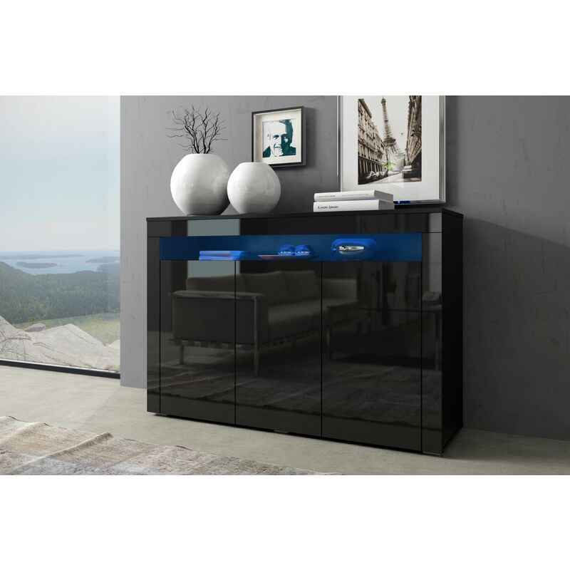 3xEliving Modern Elegante Kommode Kornelia 130cm schwarz ideal für modernes Wohnzimmer, LED-Licht