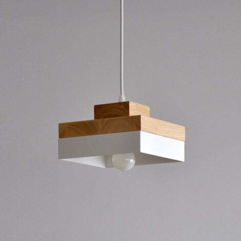 Moderne Hängeleuchte, zeitgenössische Deckenleuchte, weiß lackiert, Hängeleuchte, Deckenleuchter, Holz und Metall, Hängeleuchte, Hängelampe, quadratisch, weiß