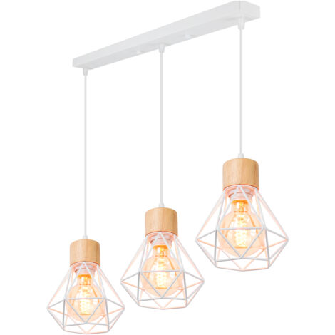 Moderne Industrial Kronleuchter 3-flammige E27 Pendelleuchte in Rautenform Metall Hölzern Leuchte für Schlafzimmer Küche Bar Café Weiß