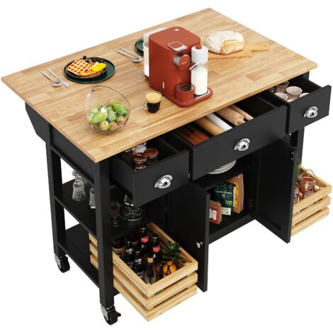 Moderne Kücheninsel (120×45×90cm) Küchenschrank Essschrank Esszimmerwagen Esszimmerwagen Holzmaserung Esszimmerwagen Esszimmerschrank Multifunktions-Esstisch mit Kiefernkorb Aufbewahrungskorb, schwarz