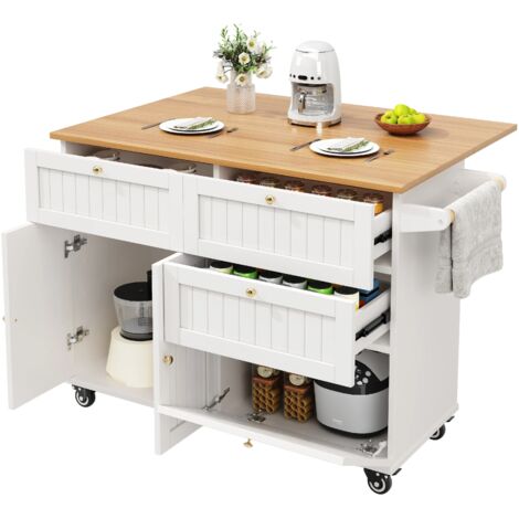 Moderne Kücheninsel, Küchenschrank, buffetschrank, Speisewagen mit Holzmaserung, buffetschrank, Multifunktionale Esstisch mit Speicherraum, Speisewagen mit Stretchfunktionsschränken,weiß