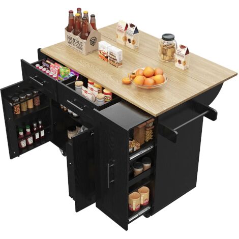 Moderne Kücheninsel, Küchenschrank, buffetschrank, Speisewagen mit Holzmaserung, Multifunktionale Esstisch mit Speicherraum, Speisewagen mit Snackregalen und Stretchfunktionsschränken, Schwarz