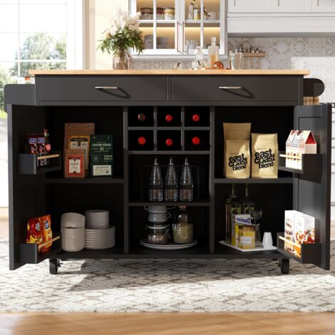 Moderne Kücheninsel mit Holzmaserung (102x45x92cm),multifunktionaler Küchenschrank,Buffetschrank und Speisewagen in schwarz mit Stauraum
