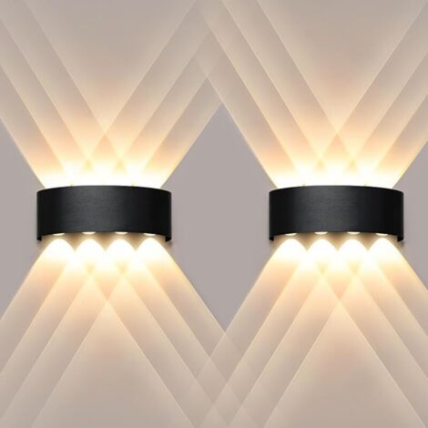 Moderne LED Applique Murale, 8W 3000K Blanc Chaud Lampe Murale, Intérieur/Extérieur Up Down Éclairage Mural, IP65 Etanche Noir Luminaire Murale pour Chambre Couloir Salon Escalier 2PCS