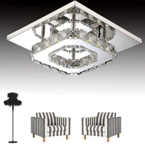 Moderne LED Plafonnier Cristal Miroir Acier Inoxydable Luminaire Lustre Eclairage 12W Blanc