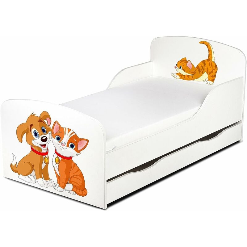 moderne lit d'enfant toddler en bois avec un matelas et un tiroir chat en chien