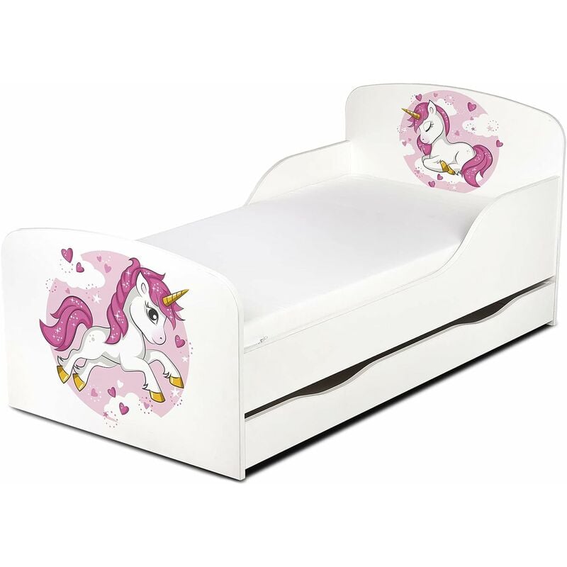 moderne lit d'enfant toddler en bois avec un matelas et un tiroir motif lovely licorne