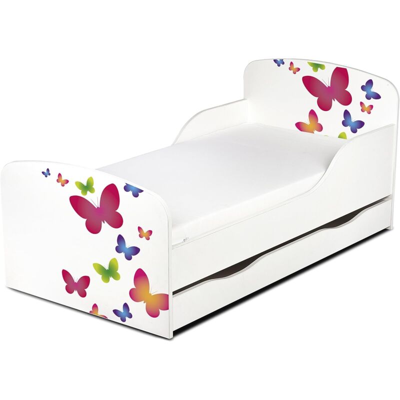 Moderne Lit d'Enfant Toddler en bois avec un matelas et un tiroir Papillons Colores