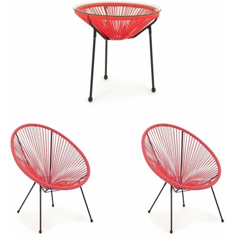 Moderne Lounge Set "Parker" mit Sesseln und Couchtisch aus synthetischem Seil für Garten und Veranda -Couchtisch + 2 Sessel / Rot