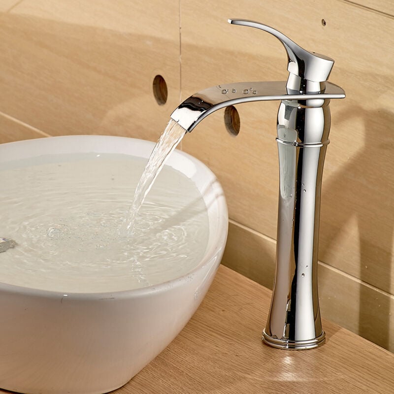 Auralum - Moderne Mitigeur de Lavabo Rond avec Haut Bec Robinet en Casacade à Bec Allongé pour Salle de Bain