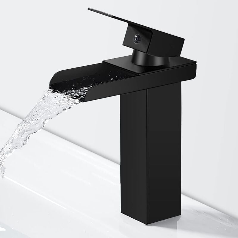 Ikodm - Moderne Noir Robinet de Salle de Bain en Laiton, Mitigeur Lavabo Cascade, Robinet Lavabo avec Bec Hauteur 140mm, Eau Froide & Chaude