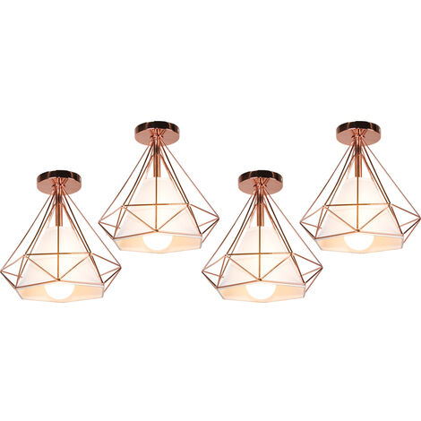 Moderne Plafonnier Cage Forme Diamant E27 25cm Lustre Suspension Industrielle Doré Rose 4PCS