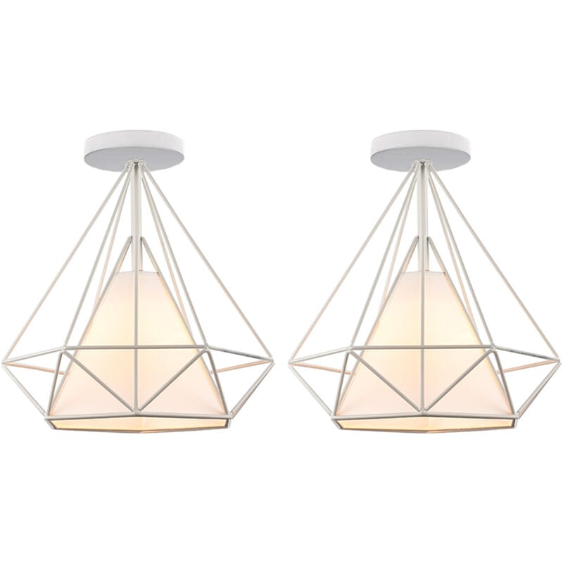 Moderne Plafonnier Cage Forme Diamant E27 25cm Lustre Suspension Industrielle Blanc 2PCS
