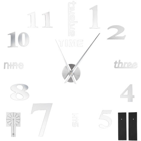 Moderne rahmenlose Wanduhr, Spiegelaufkleber für Wohn- und Schlafzimmerdekoration, Silber