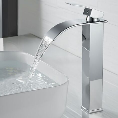 Moderne Robinet Lavabo Cascade Haut, Design Elégant, Mitigeur Monocommande Lavabo en Laiton, Eau Chaude et Froide Disponible, Robinetterie Cascade Chromé