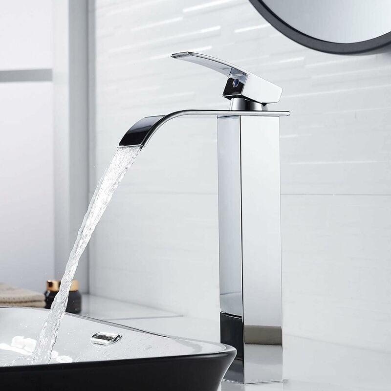 Beijiyi - Moderne Robinet Lavabo Cascade Haut, Design Elégant Robinet Salle de Bain, Haut Mitigeur Monocommande Lavabo en Laiton, Eau Chaude et