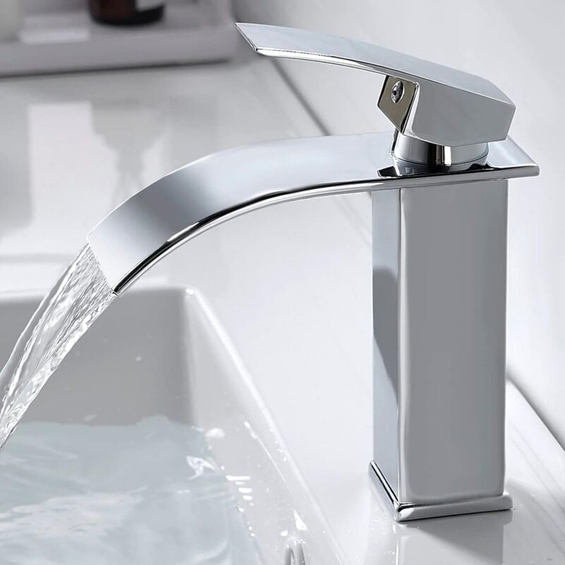 Moderne Robinet Salle de Bain Cascade, Design Elégant Robinet Lavabo, Mitigeur en Laiton, Eau Chaude et Froide Disponible, Robinetterie Chromé G 3/8