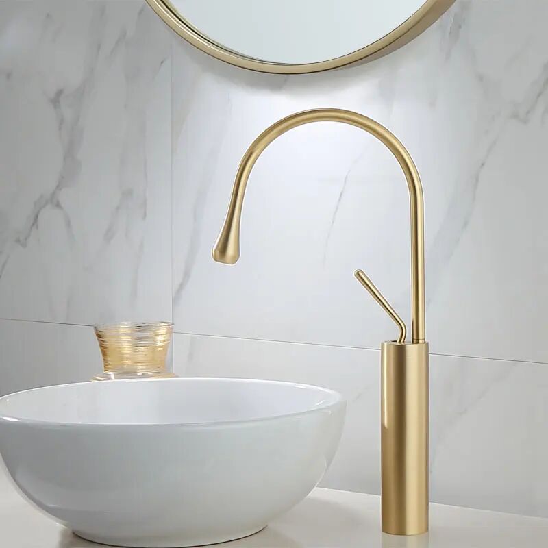 Moderne Robinet Salle de Bain Cascade, Design Elégant Robinet Lavabo, Mitigeur en Laiton, Eau Chaude et Froide Disponible, Style haut en or brossé