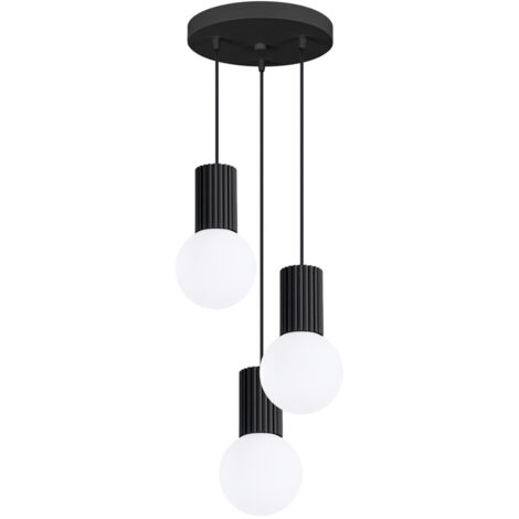 Moderne runde Dreifach-Pendelleuchte, schwarz geriffelt, mit weißen Glaskugeln, für Wohnzimmer, Esszimmer oder über dem Tisch, 3 x G9 8 W, HALO Sollux Lighting
