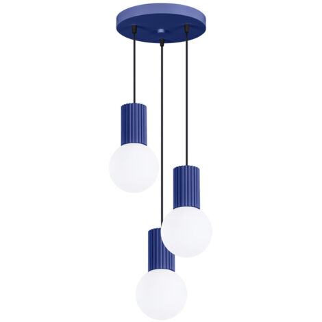 Moderne runde Dreifach-Pendelleuchte, ultramarinblau, geriffelt, Glaskugeln weiß, für Wohnzimmer, Esszimmer, über dem Tisch, 3xG9 8W, HALO Sollux Lighting