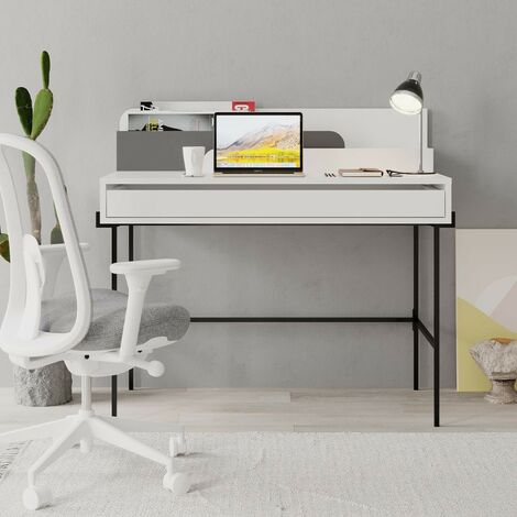 Moderne Schreibtisch Leila in Weiß mit anthrazitfarbenen Details und Schublade H 101 x T 60 x B 110 cm