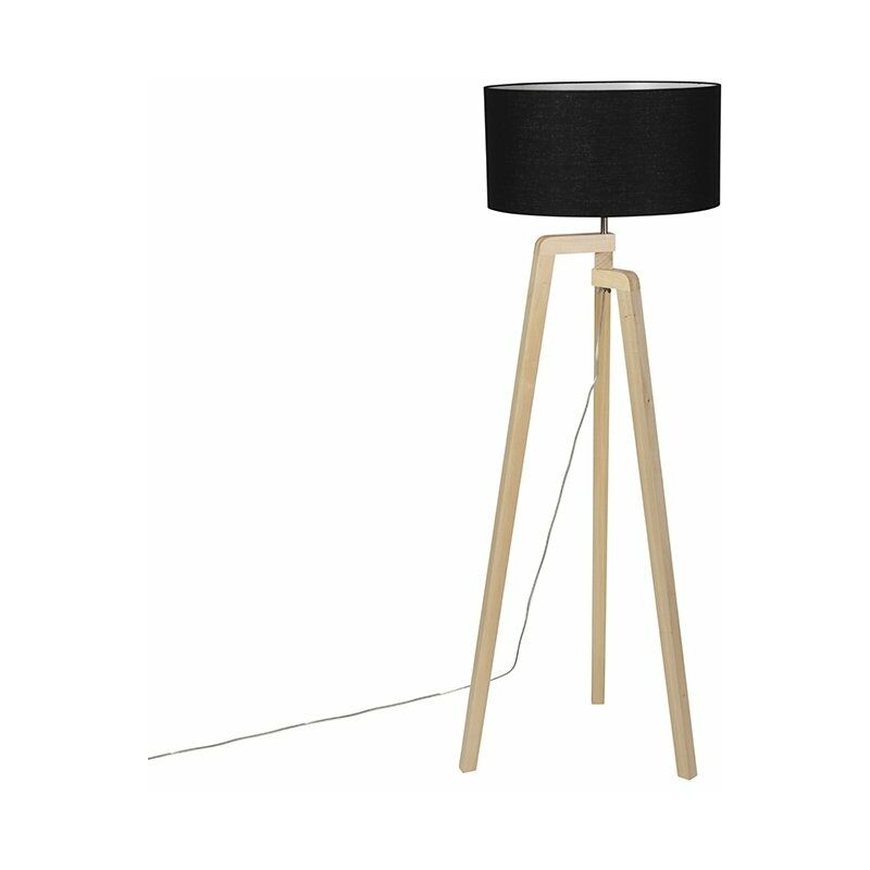 Qazqa Moderne Stehleuchte Holz Mit Schwarzem Schirm 45 Cm - Puros
