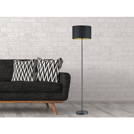Moderne Stehleuchte HOSTEL mit Lampenschirm aus Stoff in Schwarz & Gold H: 160cm