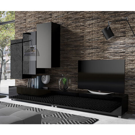 Moderne TV Wand mit Hängeschränken in schwarz Hochglanz CAIRNS-132, B/H/T ca. 300/200/43 cm