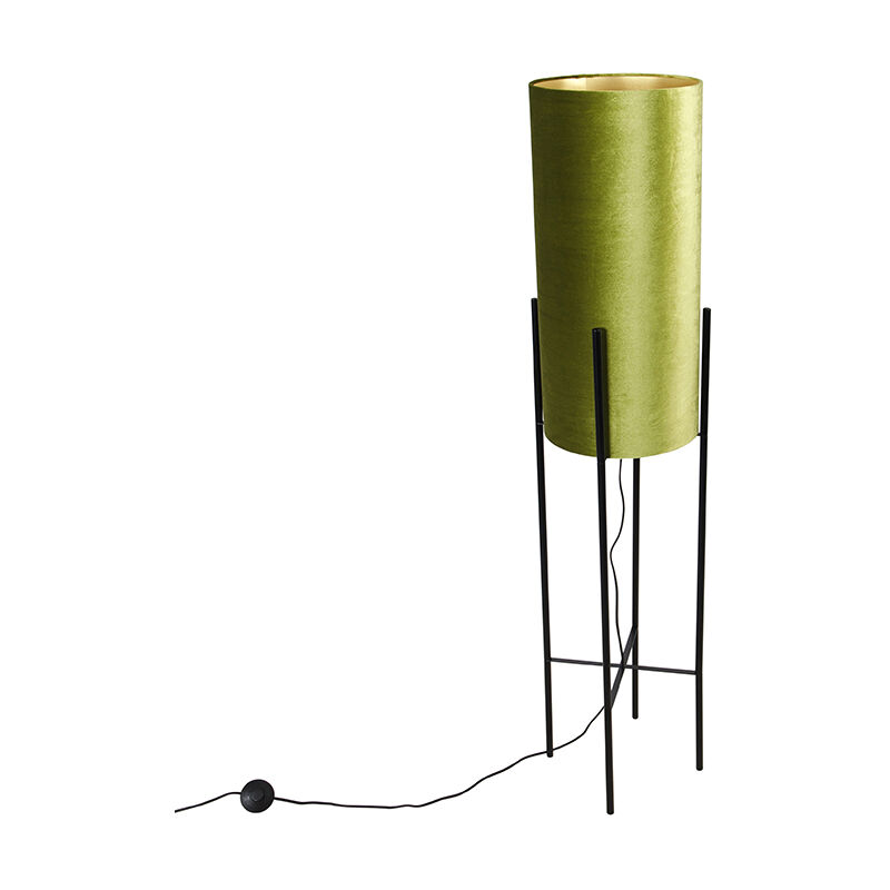Design floor lamp black velvet shade green with gold - Rich