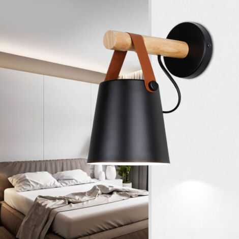 Moderne Wandleuchte aus Holz, schwarze Nachttischlampe für Schlafzimmer und Flur, minimalistische Inneneinrichtung.