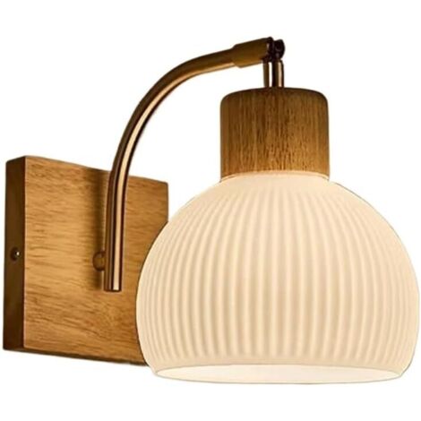 Moderne Wandleuchte im Mid-Century-Stil, aus Massivholz und geripptem, milchig-weißem Glas, minimalistische Retro-Nachttischlampe für Schlafzimmer, Flur (B)