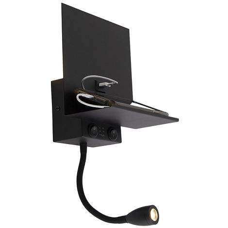 Moderne Wandleuchte schwarz 2-flammig mit USB und Flexarm - Flero - Schwarz