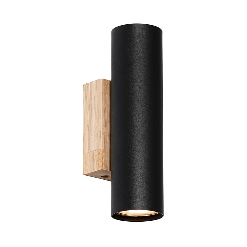 Qazqa Moderne Wandleuchte Schwarz Mit Holz 2-flammig - Jeana