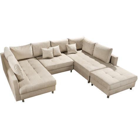Moderne XXL Wohnlandschaft KENT 305cm champagner beige Samt inkl. Hocker und Kissen Sofa Couch U-Form Federkern Champagner Beige