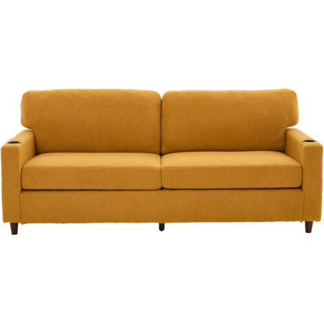 Moderner 2-Personen Chenille-Sofa mit USB-C, LED-Ambiente, Getränkehaltern und Seitentaschen. Holz/Metall-Rahmen mit Komfortschaum. Ideal für Wohnzimmer, Schlafzimmer oder Büro. Senfgelb