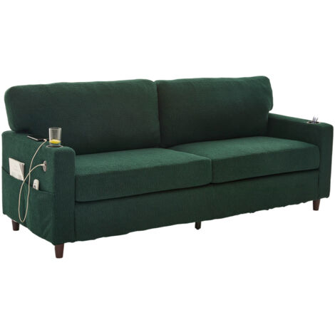 Moderner 2-Personen Chenille-Sofa mit USB-C, LED-Ambiente, Getränkehaltern und Seitentaschen. Holz/Metall-Rahmen mit Komfortschaum. Ideal für Wohnzimmer, Schlafzimmer oder Büro. Smaragd