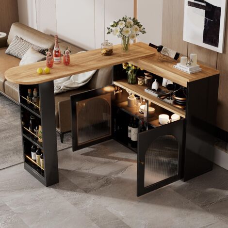 Moderner ausziehbarer Bartisch mit Stauraum und LED Lichtstreifen,drehbarer Bistrotisch,Esszimmer Möbel,Schwarz,138-193x39x105cm