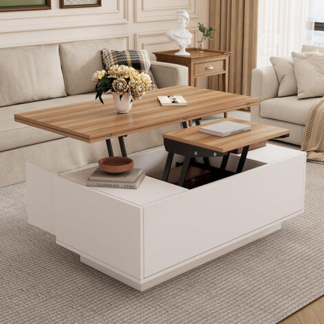 Moderner Couchtisch mit Doppel-Hebemechanismus, verstecktem Stauraum，Blanc + couleur bois– 100x50x55.5cm