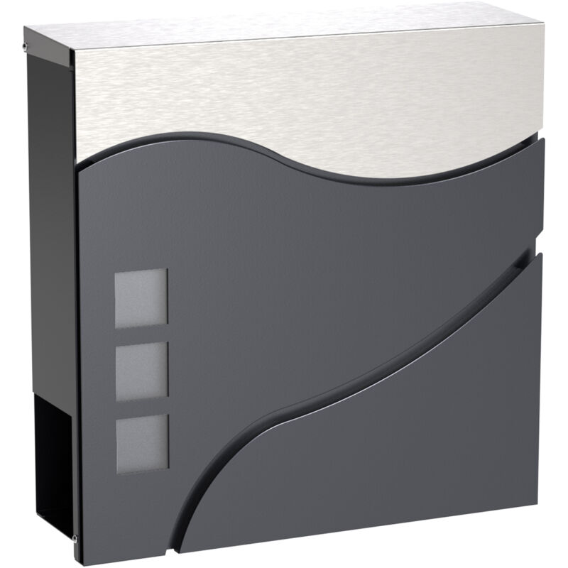 Wiltec - Boîte aux lettres murale ou sur pied design & Porte-journaux V28, Verrouillable, Gris anthracite, Acier, 370 x 105 x 370 mm, avec Fenêtres