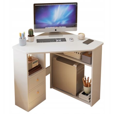 Moderner dreieckiger Computertisch mit Regalen, weiß, 80 x 75 cm