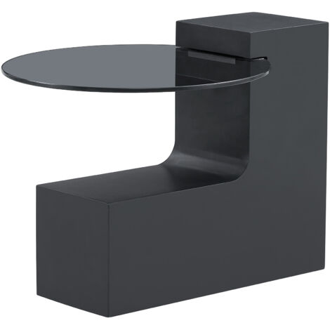 Moderner einfacher runder Beistelltisch mit zwei Ebenen-Transparente graue Glasplatte und schwarze MDF in L-Form.Weiße Marmor-Optik Tischplatte.Zerlegbares Design für eine flexiblere Raumnutzung.