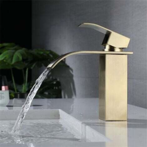 Moderner goldener Wasserfall-Waschtischhahn, Badezimmer-Mischbatterie mit einstellbarem Warm- und Kaltwasser