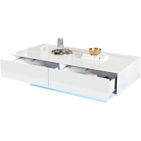 Moderner Hochglanz Couchtisch in Weiß, 115 x 55 x 34 cm, mit 2 Schubladen, LED-Beleuchtung und 30 kg Tragkraft – Eleganter Wohnzimmertisch
