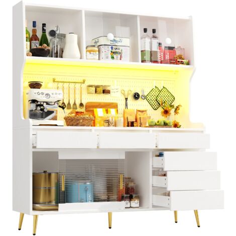 Moderner Hochschrank mit LED Beleuchtung & App-Steuerung, Küchenschrank oder Esszimmerschrank mit Schublade,Sideboard mit Aufbewahrungsregal mit Lochwand, 145x39x171cm, Weiß