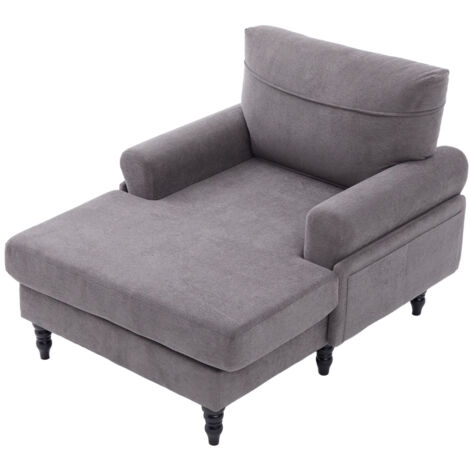 Moderner minimalistischer Chenille-Stoff-Liegestuhl / Einzelsofa für Wohnzimmer und Schlafzimmer Holzsofa-Beine mit bequemer Rückenlehne und Armlehnen Seitentaschen zur Aufbewahrung Geeignet für Büros